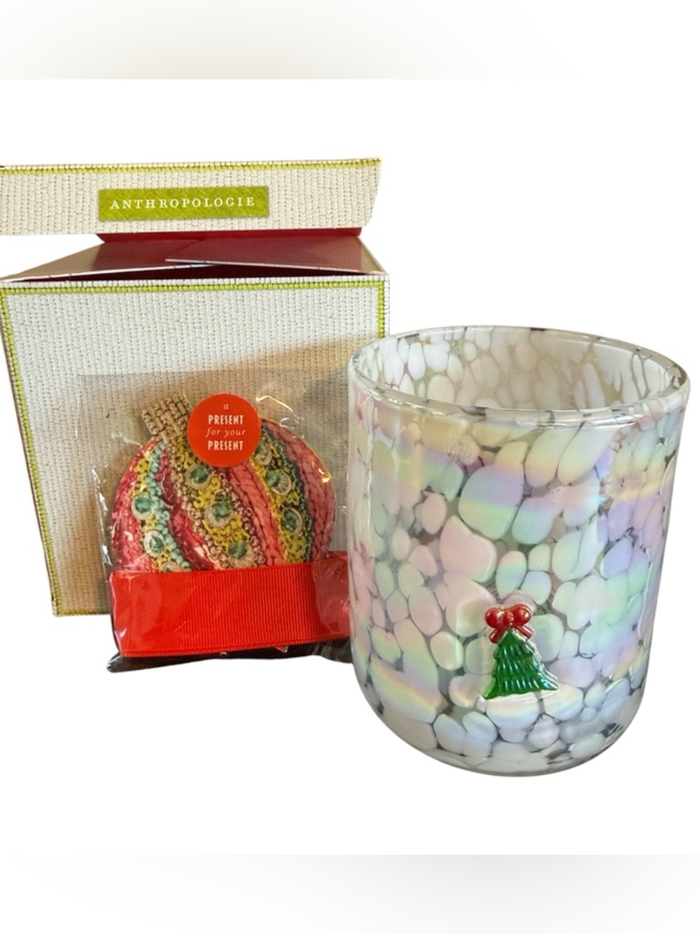 Anthropologie Festive Icon Juice Glass Christmas Tree Iridescent New With Box